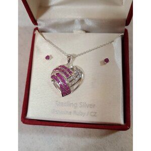 Ruby CZ Sterling Silver heart necklace set